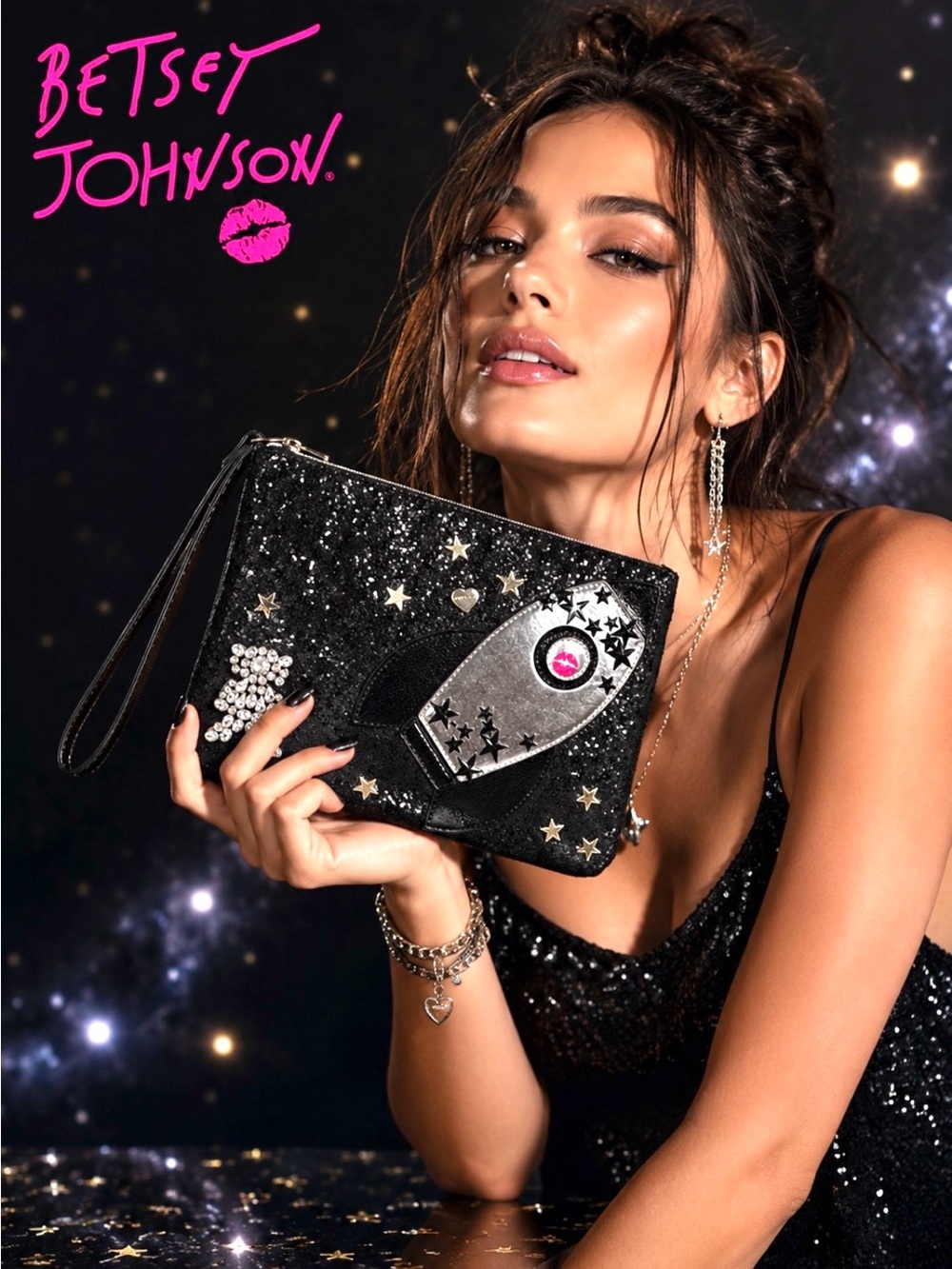 🚀 BETSEY JOHNSON Cosmic Rocket Wristlet Clutch Black Glitter Space Theme – Rare